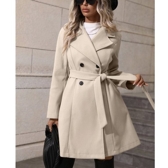 Beige Preppy Womens Lapel Neck Double Breasted Belted Overcoat - Picture 1 of 7